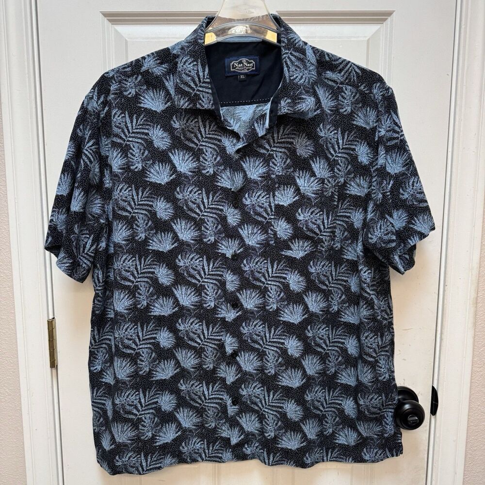 Nat Nast Silk Blend Short Sleeve Shirt Mens XL Black Blue Palm Leaf AOP Print